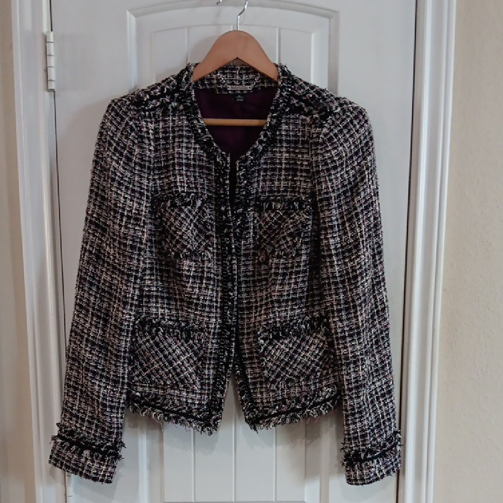 White House Black Market Fringed Tweed Blazer w Chain Link Accents